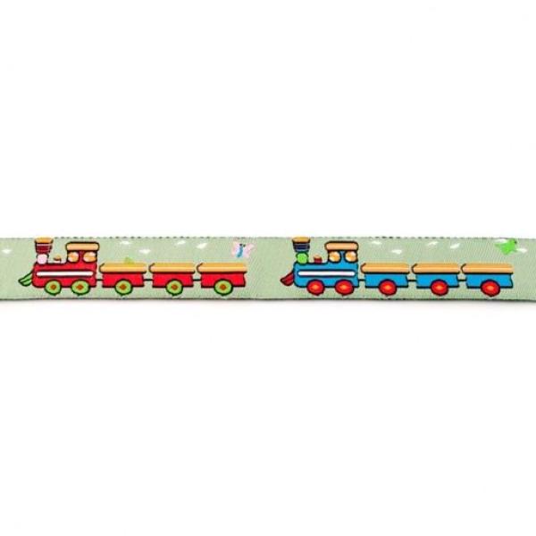 Webband Breite 16 mm Bunte Züge und Waggons auf Khaki